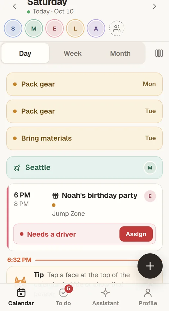 HeyBiscuit's Day view: to-dos, a trip, and a birthday party that still needs a driver